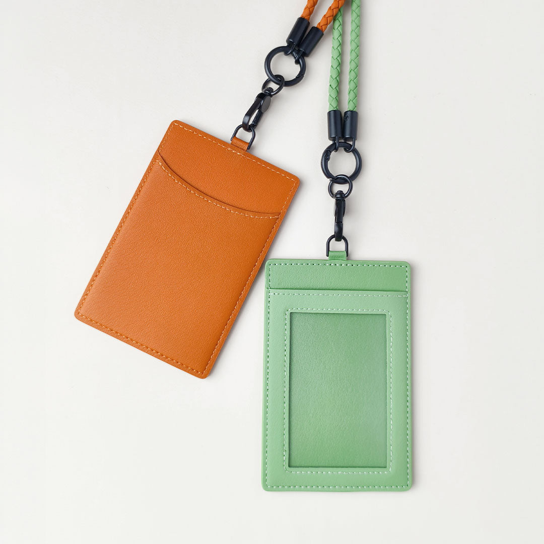 sicora vegan leather ID badge holder lanyard sets in toffee brown and green