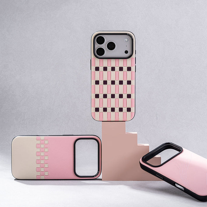 Three pink sicora handcrafted vegan leather iPhone 18 pro / 17 pro cases