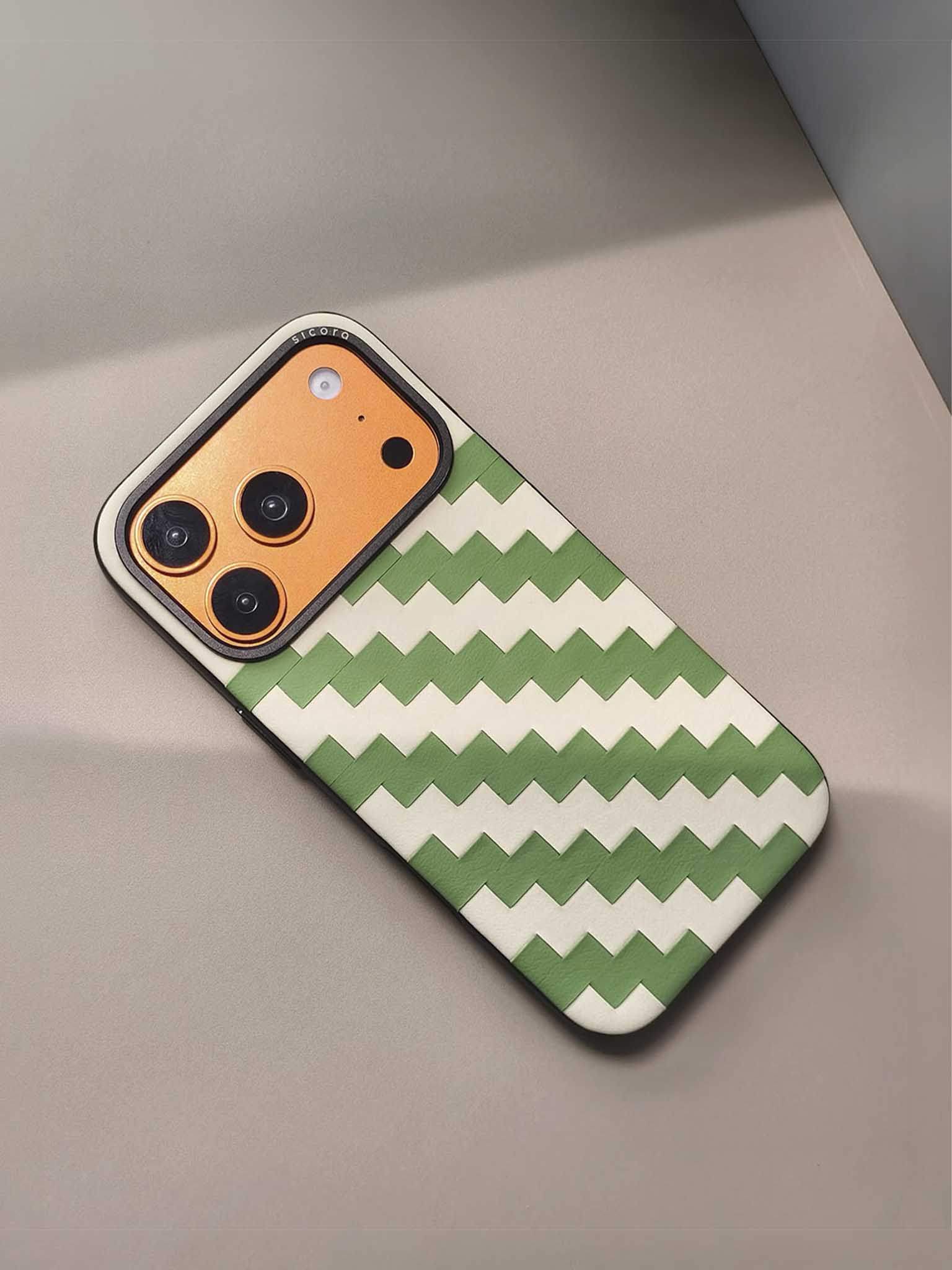 sicora  iPhone 17 pro case with green and white zigzag pattern