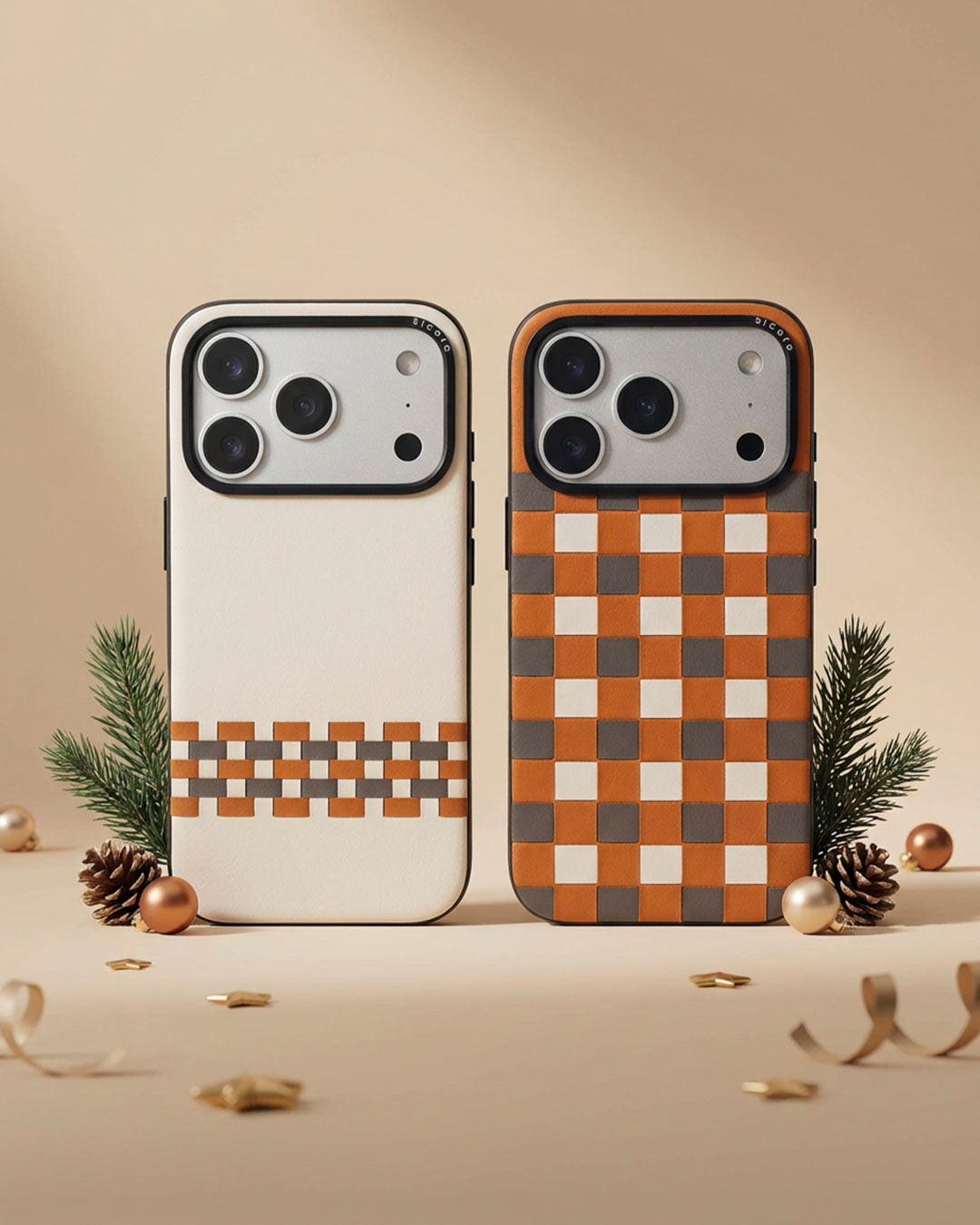 Two sicora phone cases with checkered patterns on a beige background with decorative elements.