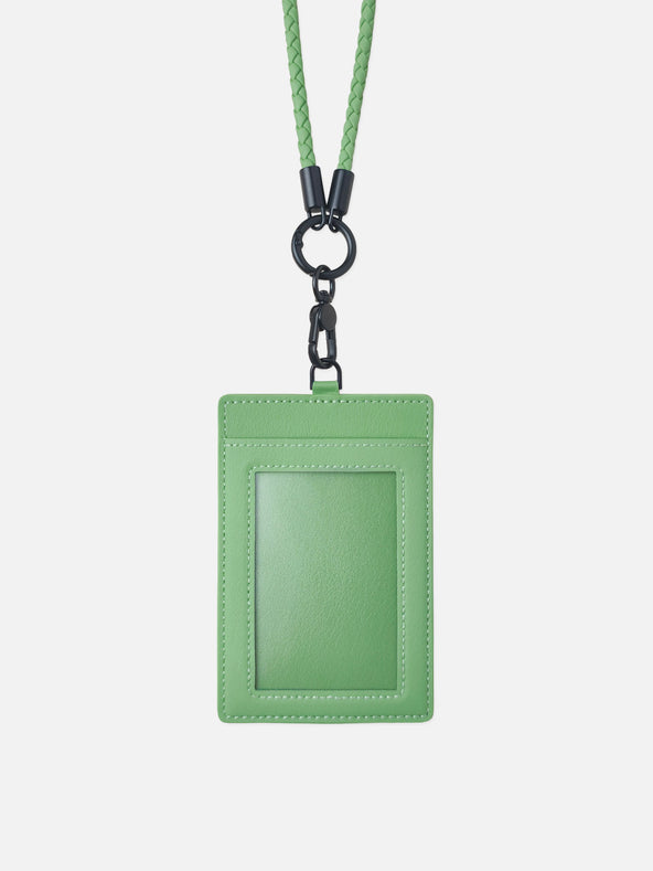 sicora vegan leather ID badge holder lanyard set in avocado green, front view