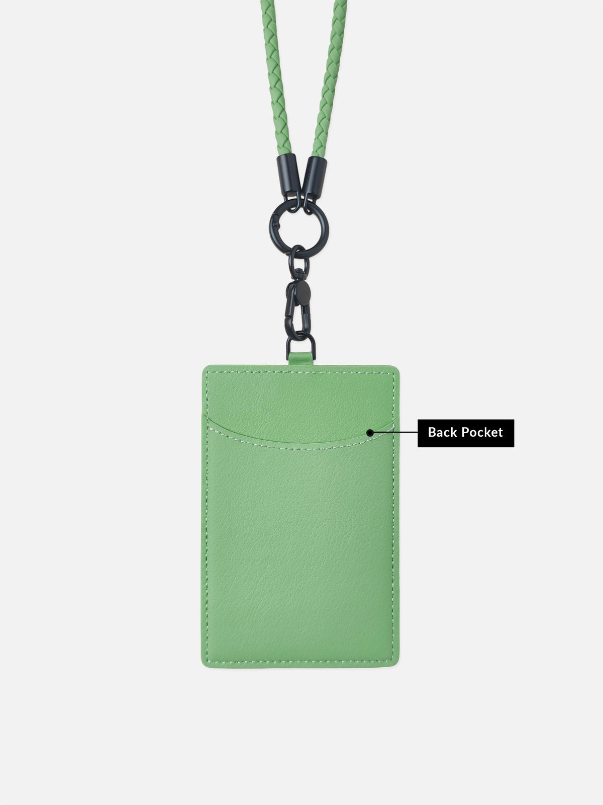 sicora vegan leather ID badge holder lanyard set in avocado green, back view
