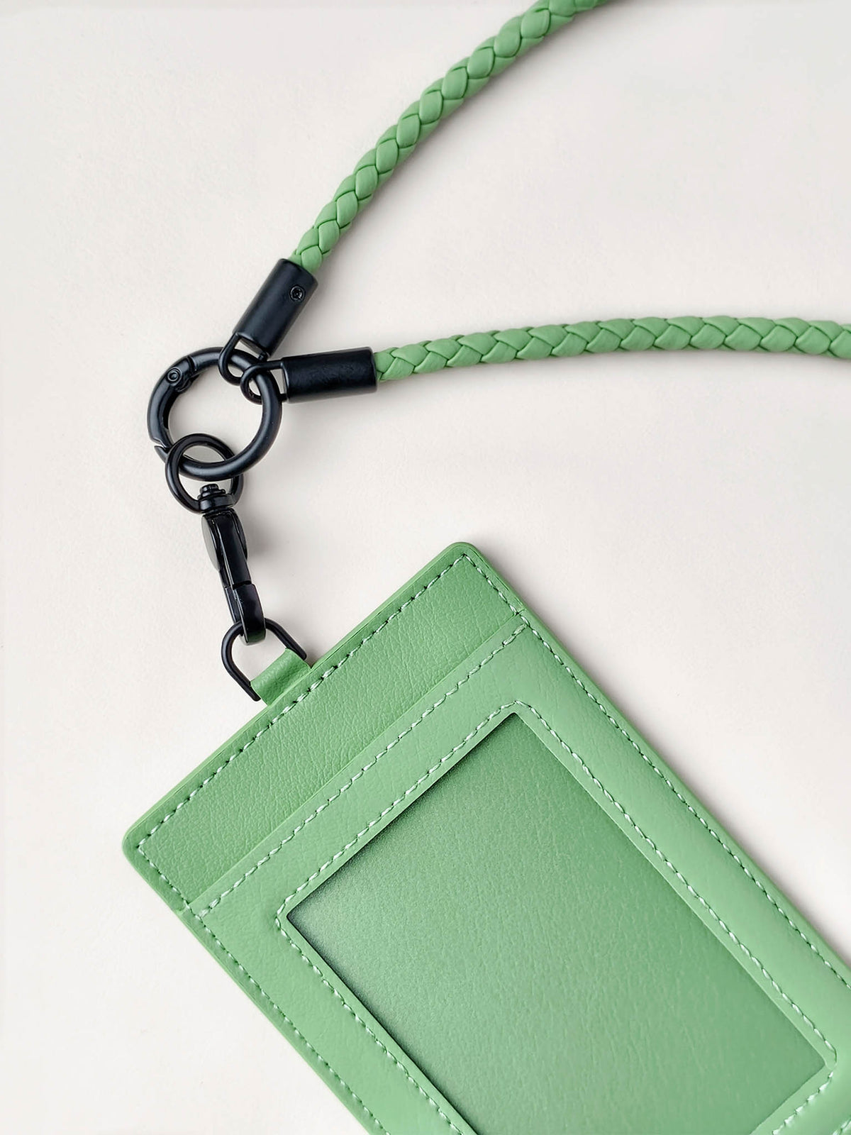 sicora vegan leather ID badge holder lanyard set in avocado green, close-up view