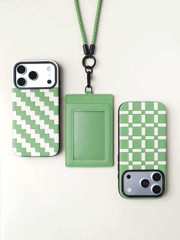 sicora vegan leather ID badge holder lanyard set in avocado green, with matching sicora iPhone 18 / 17 pro cases