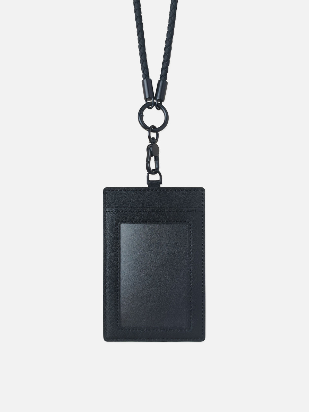 sicora vegan leather ID badge holder lanyard set in black, front view