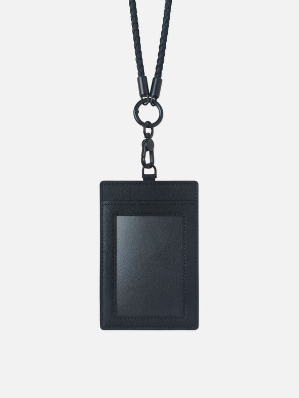 sicora vegan leather ID badge holder lanyard set in black, front view