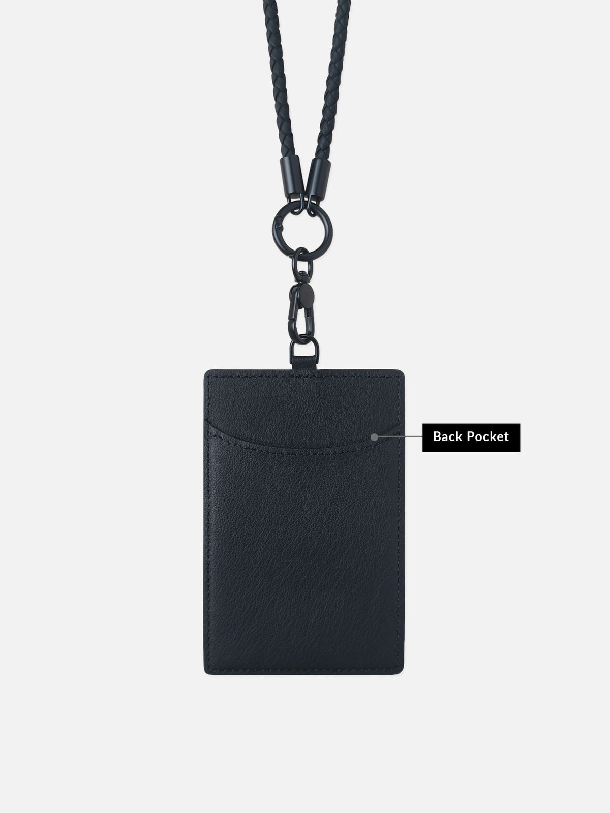 sicora vegan leather ID badge holder lanyard set in black, back view