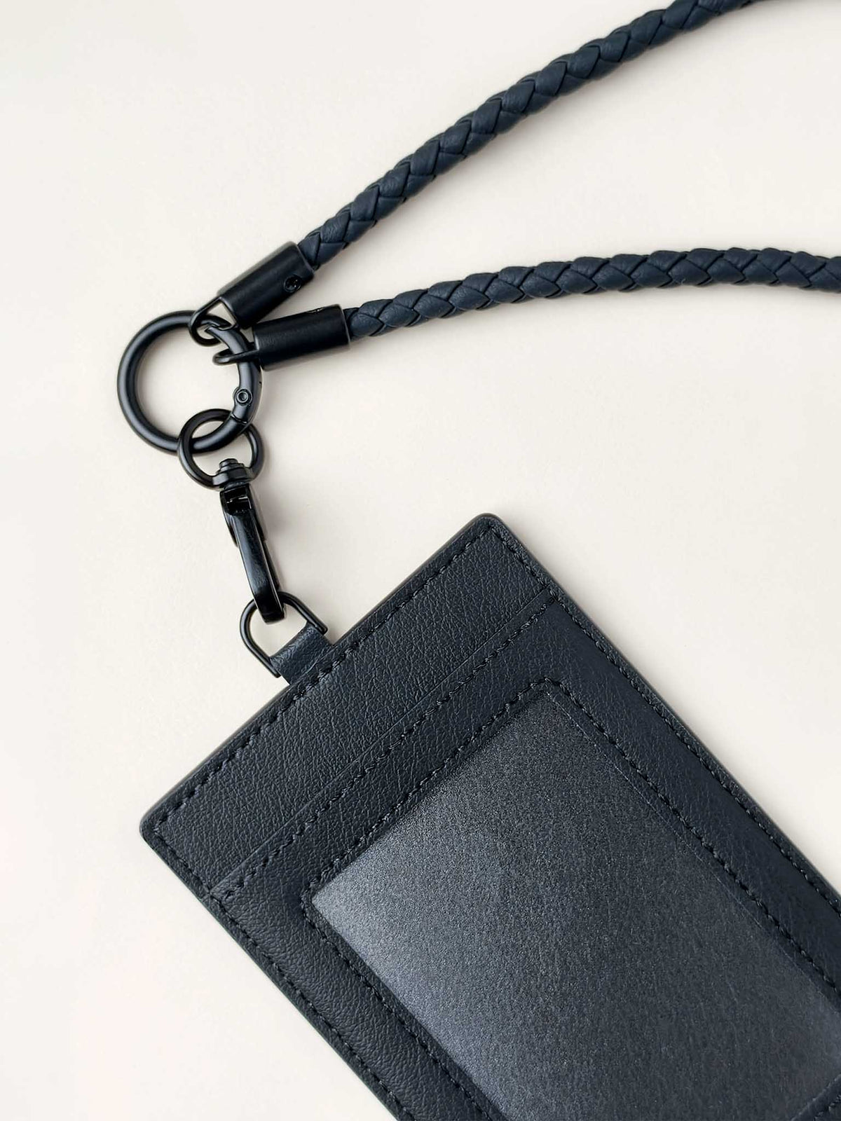 sicora vegan leather ID badge holder lanyard set in black, close-up view