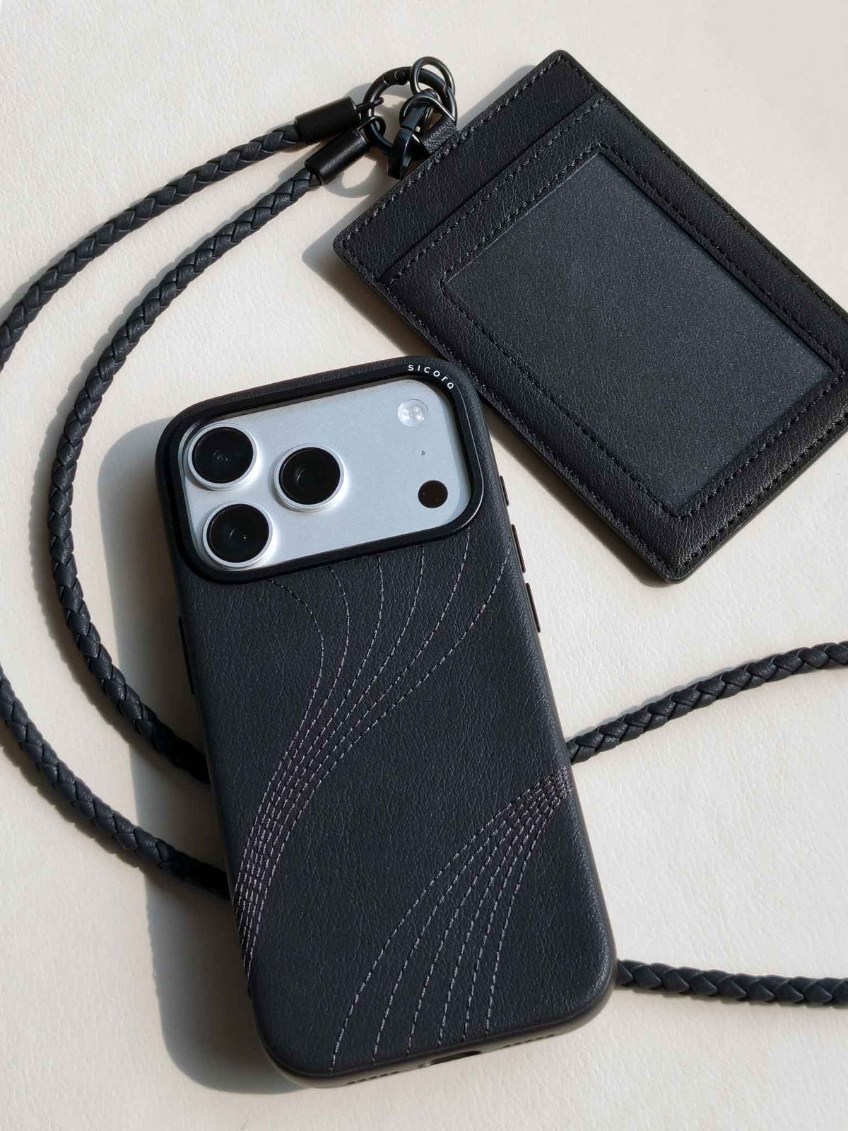 sicora vegan leather iPhone 18 / 17 pro case, flow case with matching ID badge holder lanyard set in black
