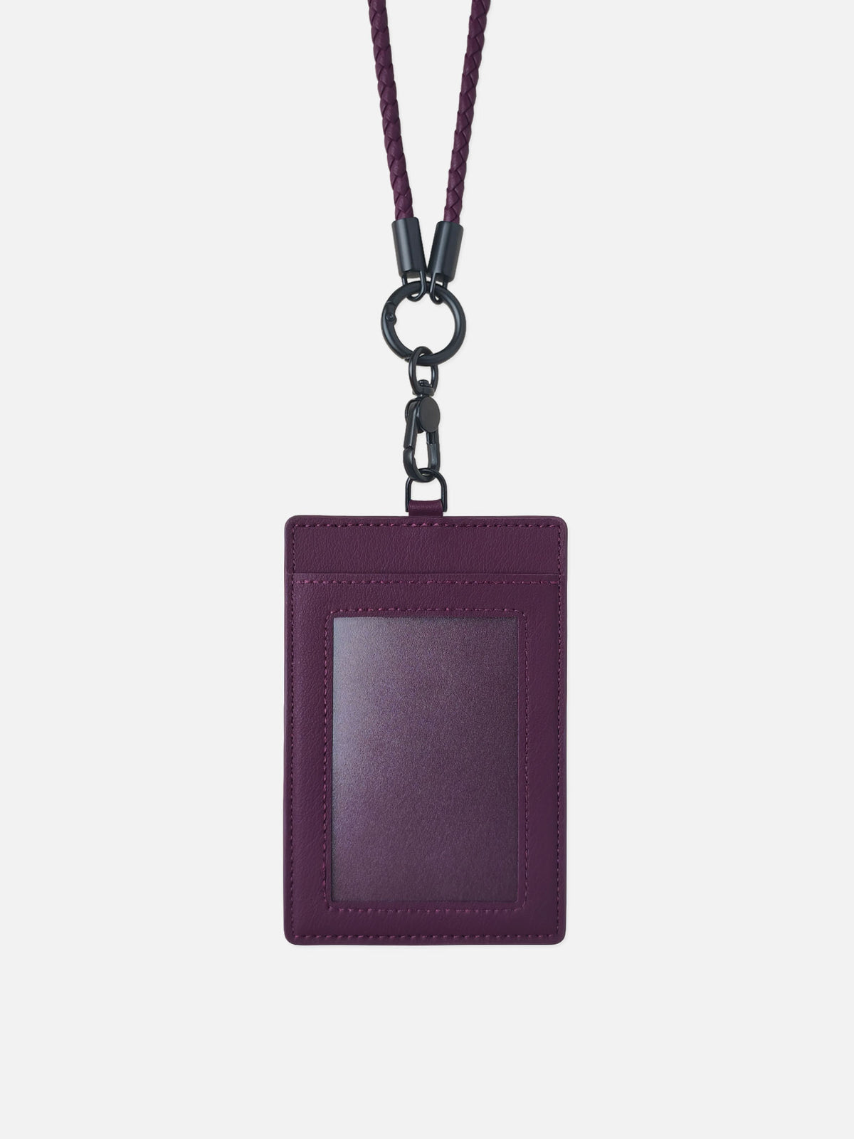 sicora vegan leather ID badge holder lanyard set in cherry purple, front view