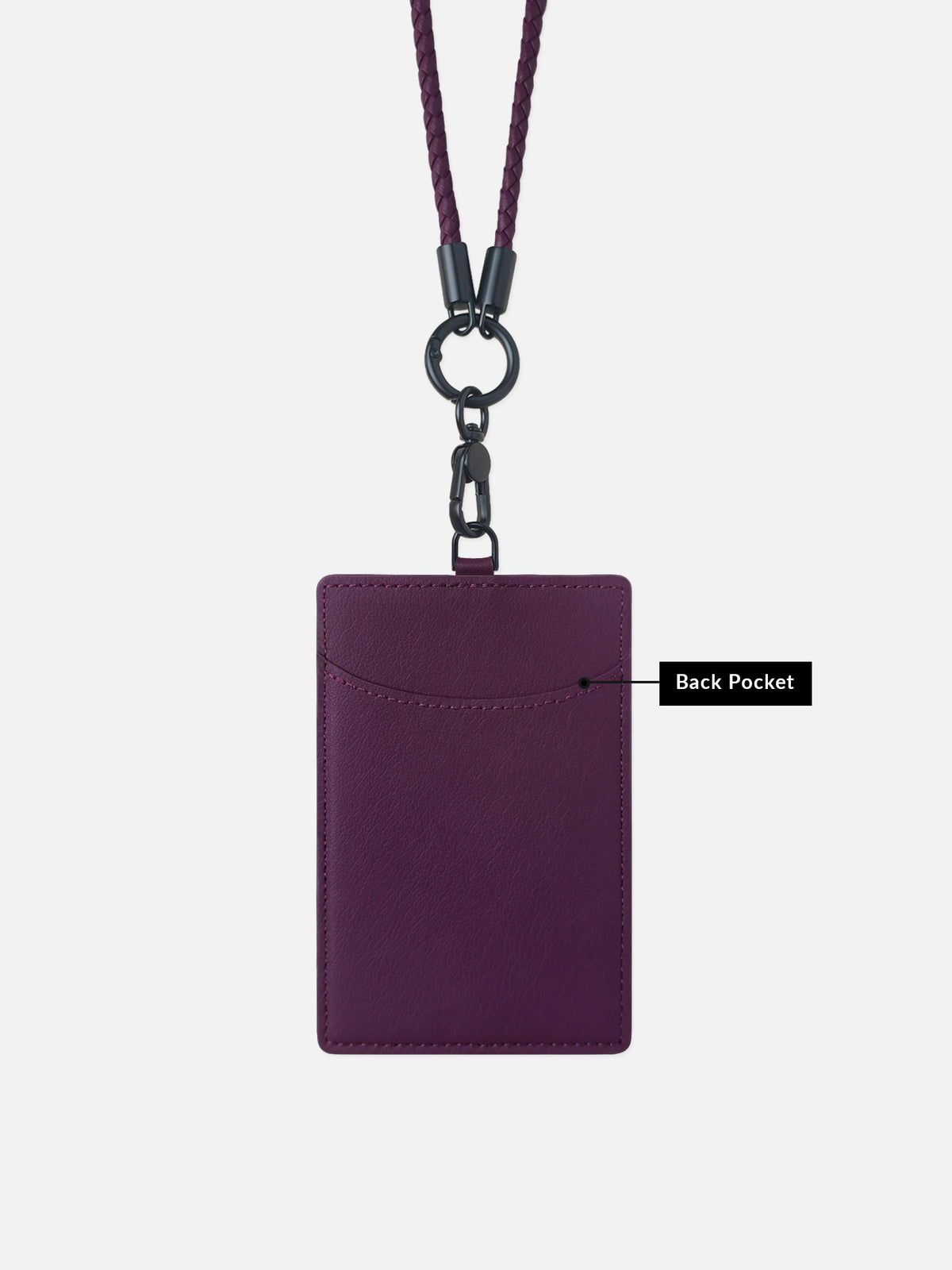 sicora vegan leather ID badge holder lanyard set in cherry purple, back view