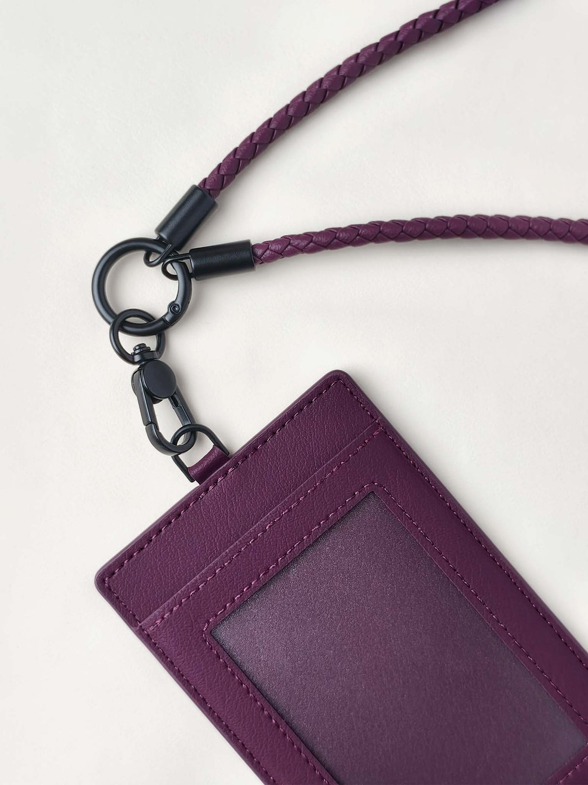 sicora vegan leather ID badge holder lanyard set in cherry purple, close-up view