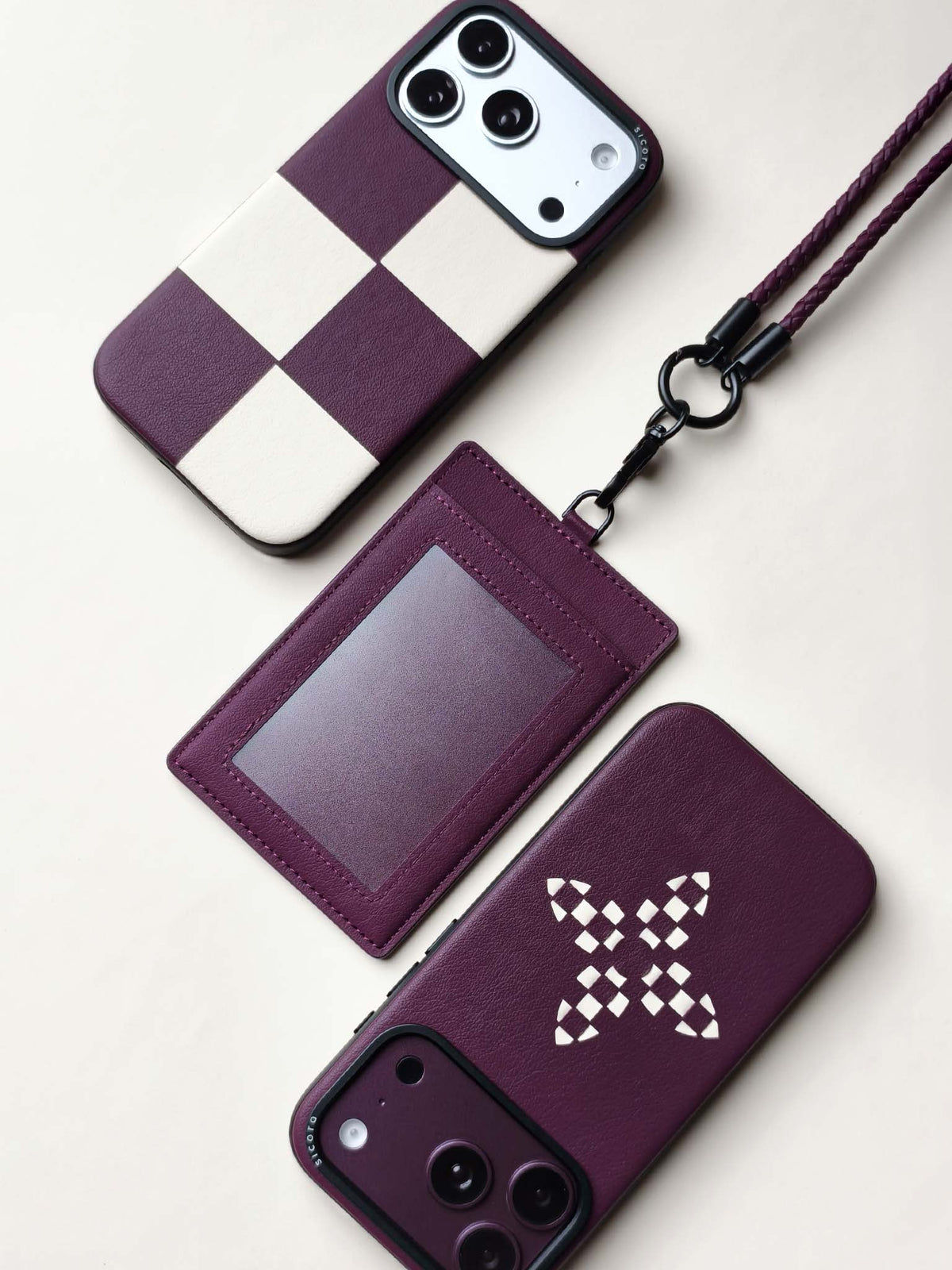 sicora vegan leather ID badge holder lanyard set in cherry purple, with matching sicora vegan leather iPhone 18 / 17 pro cases, macro case and bloom case