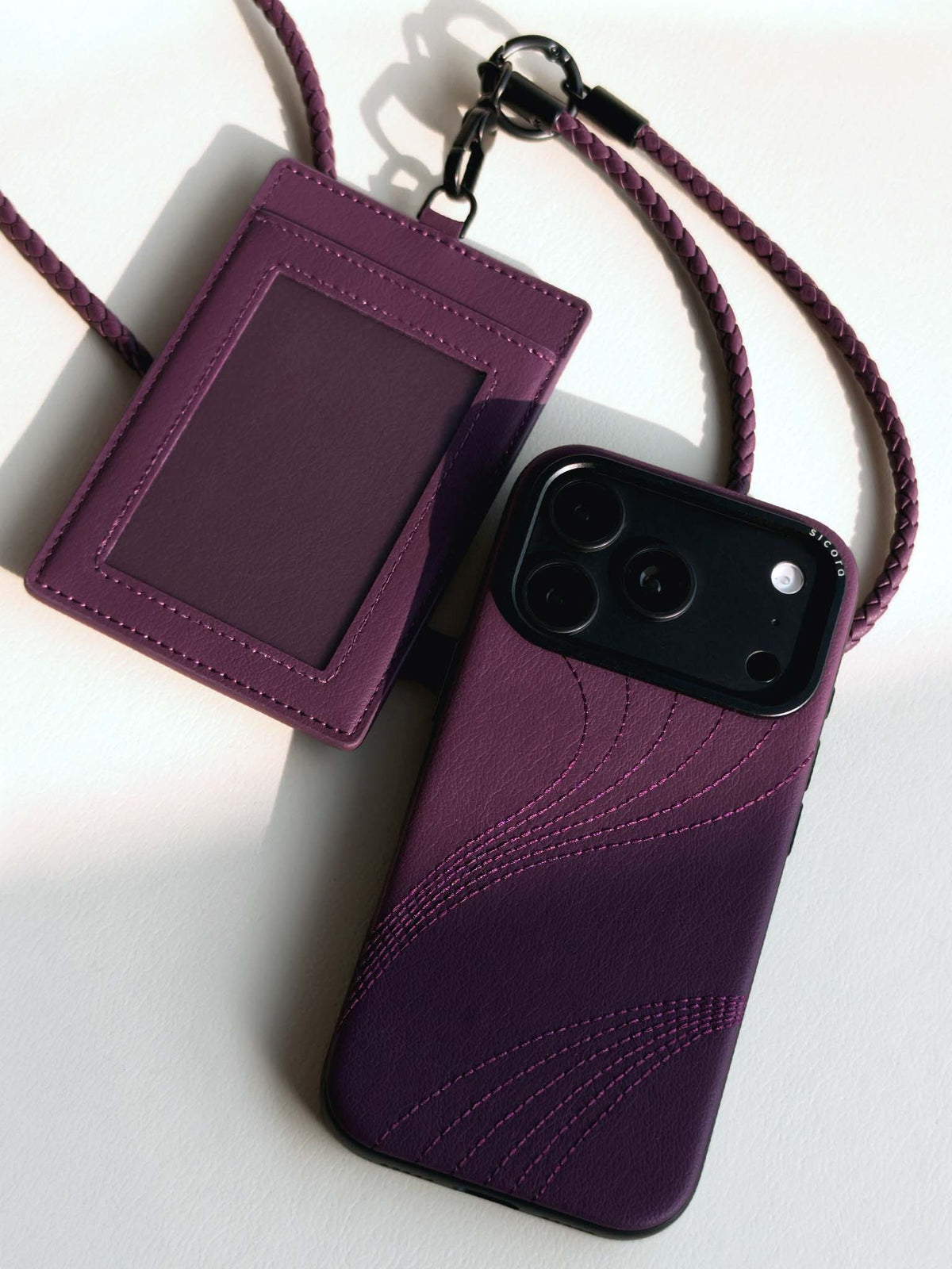 sicora vegan leather iPhone 18 / 17 pro case, flow case with matching  ID badge holder lanyard set in cherry purple