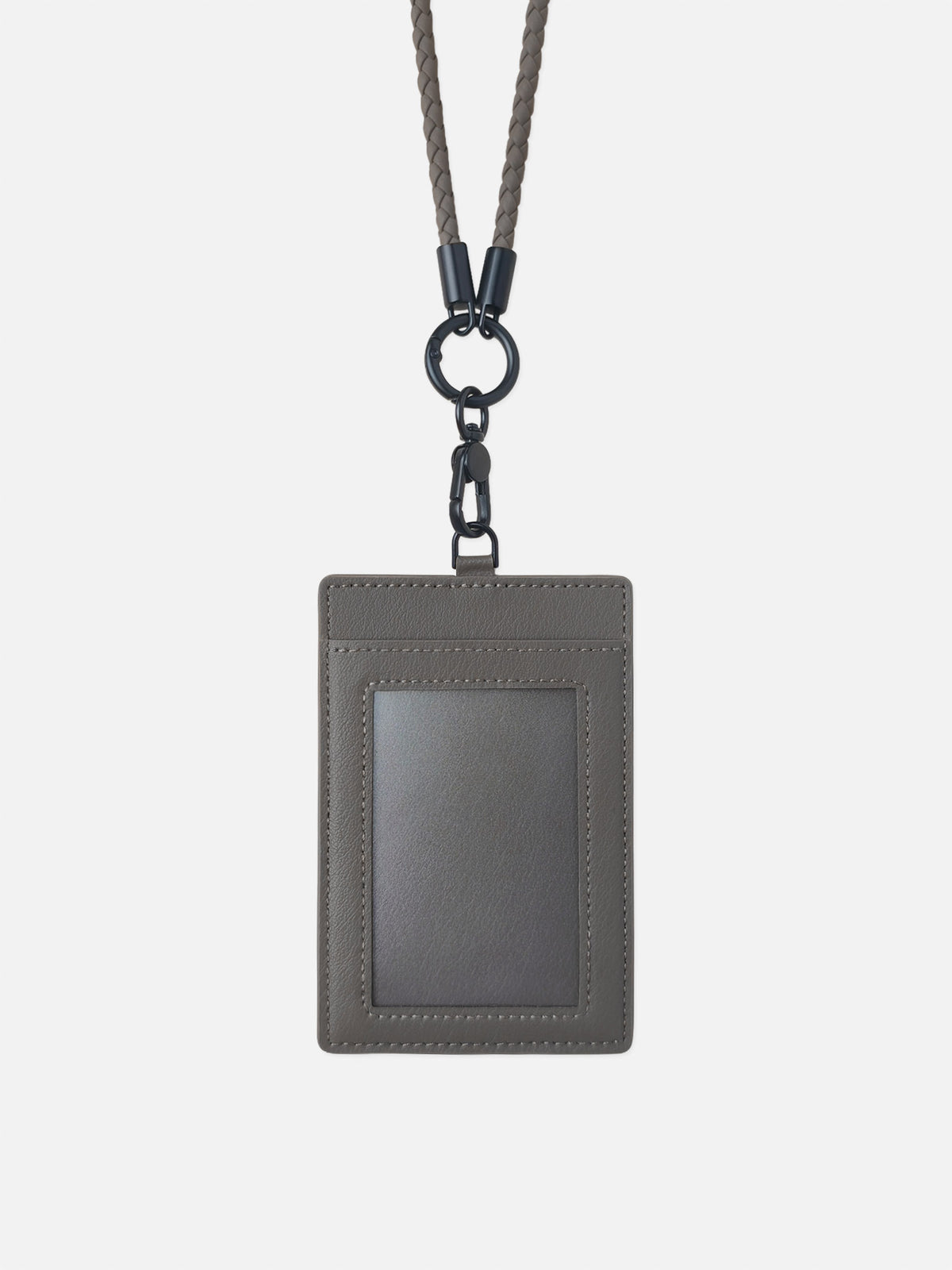 sicora vegan leather ID badge holder lanyard set in granite gray, front view