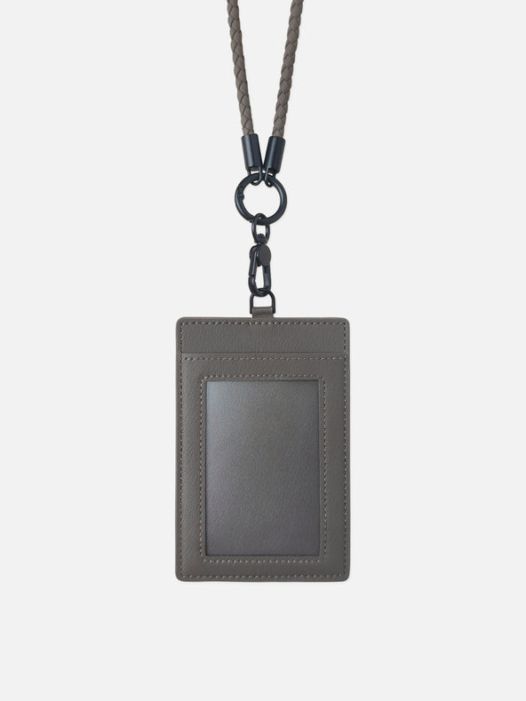 sicora vegan leather ID badge holder lanyard set in granite gray, front view