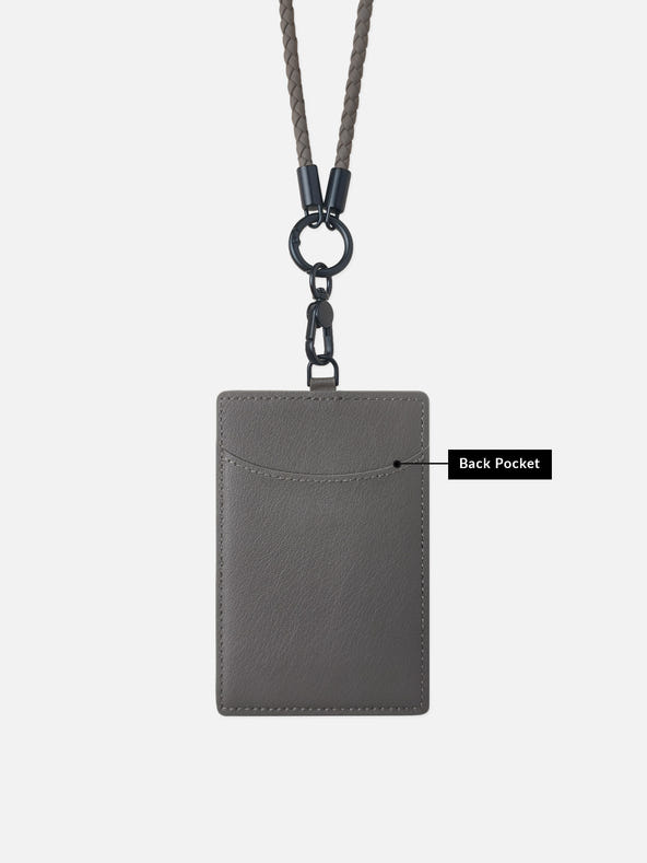sicora vegan leather ID badge holder lanyard set in granite gray, back view