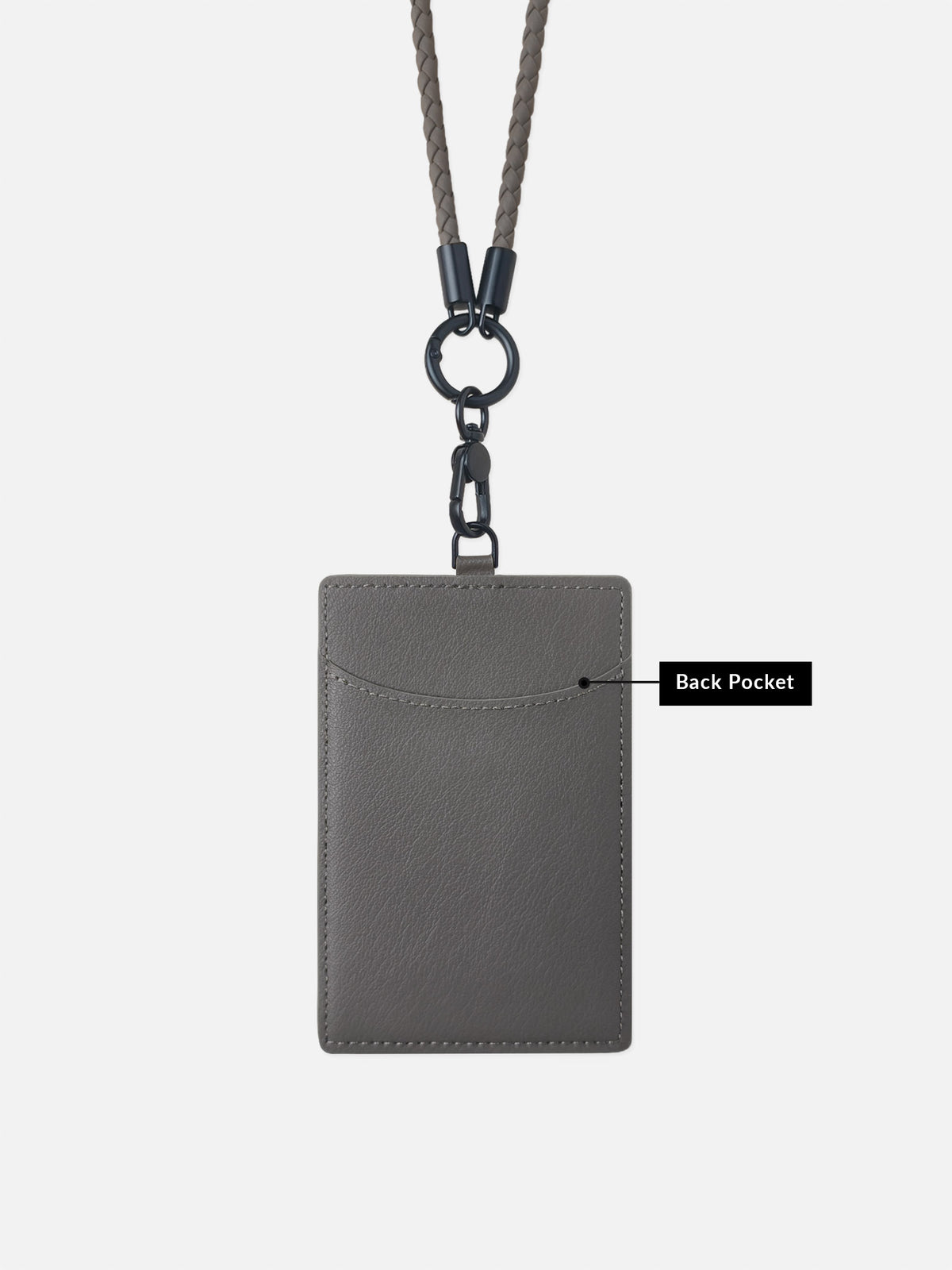 sicora vegan leather ID badge holder lanyard set in granite gray, back view