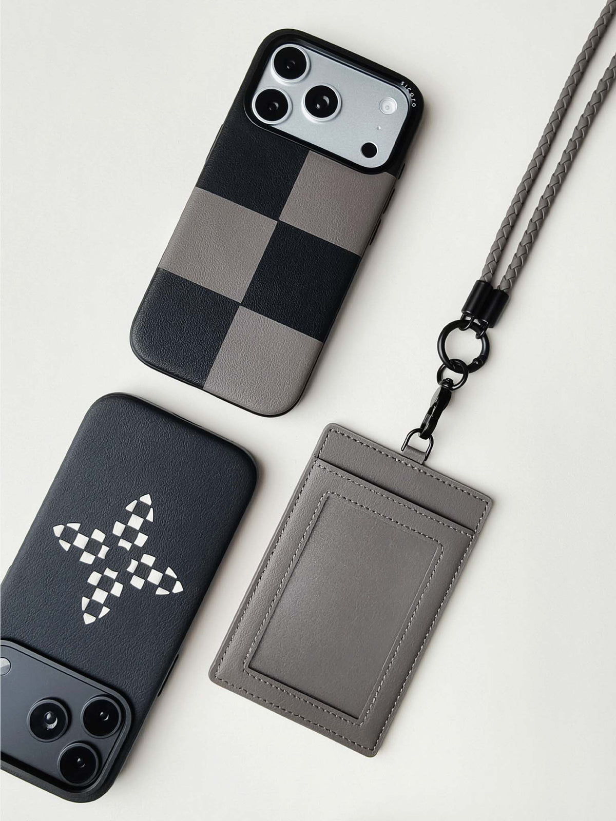 sicora vegan leather ID badge holder lanyard set in granite gray, with matching sicora vegan leather iPhone 18 / 17 pro cases, macro case and bloom case