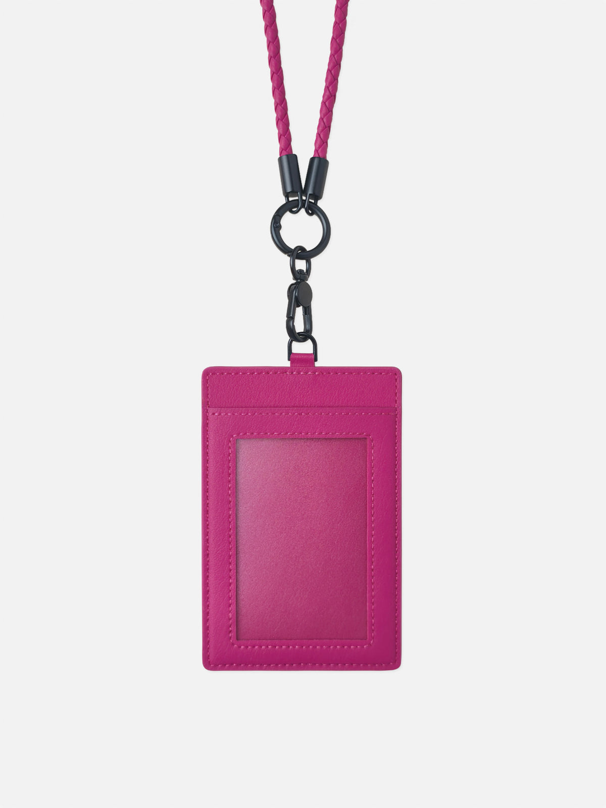 sicora vegan leather ID badge holder lanyard set in magenta, front view