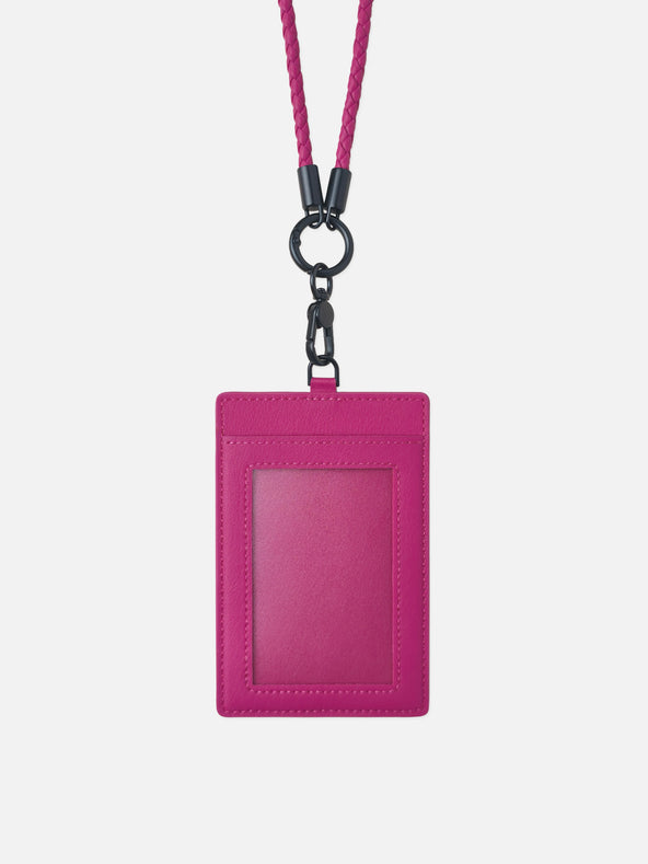 sicora vegan leather ID badge holder lanyard set in magenta, front view