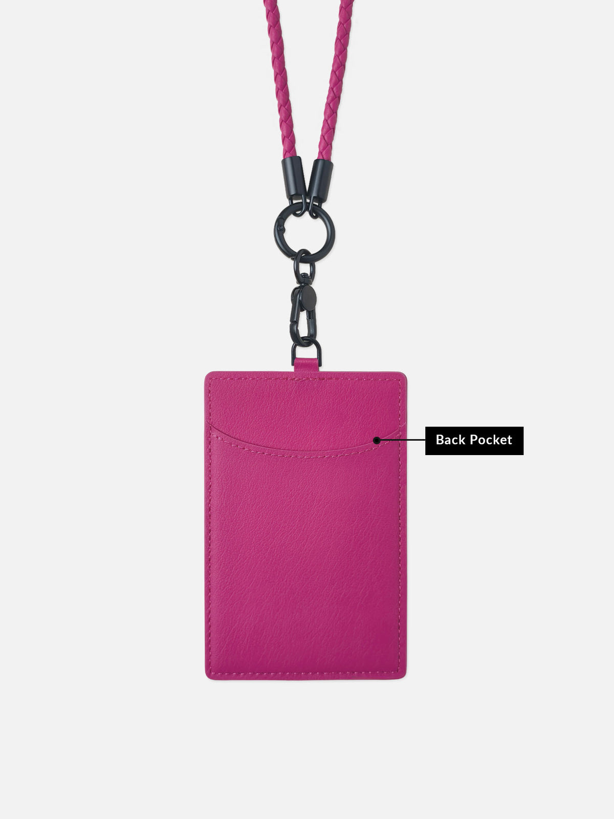 sicora vegan leather ID badge holder lanyard set in magenta, back view