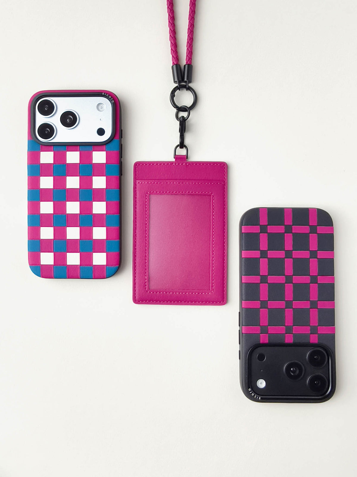 sicora vegan leather ID badge holder lanyard set in magenta, with matching sicora vegan leather iPhone 18 / 17 pro cases, checkerboard case and gridplay case