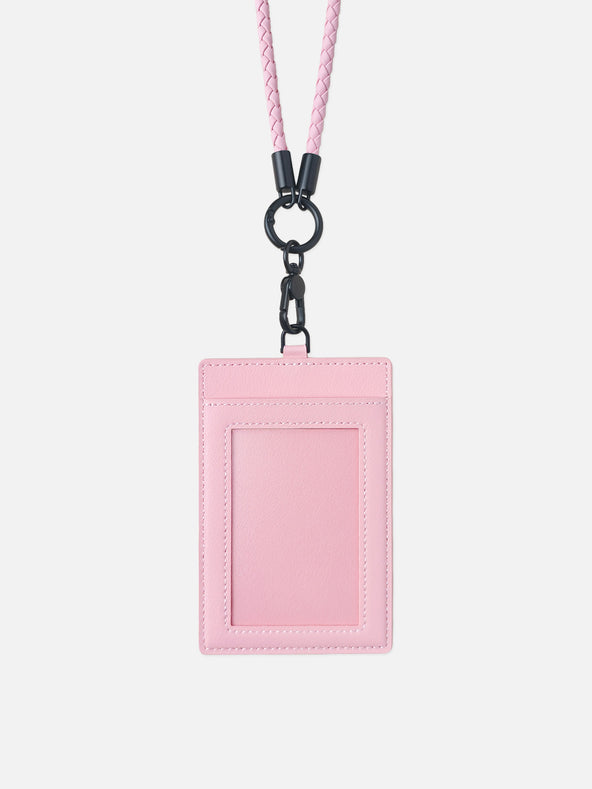sicora vegan leather ID badge holder lanyard set in pink, front view