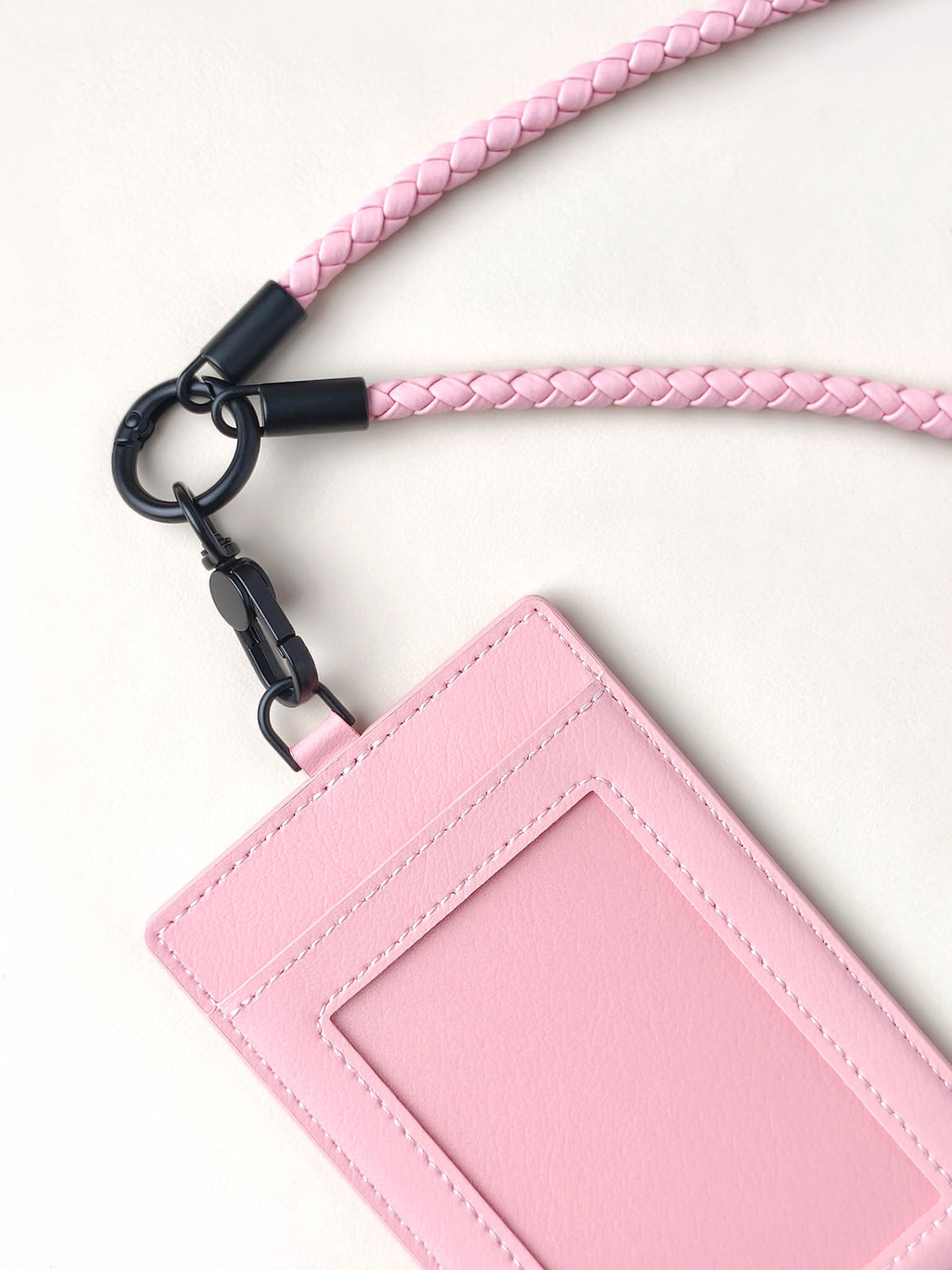 sicora vegan leather ID badge holder lanyard set in pink, close-up view
