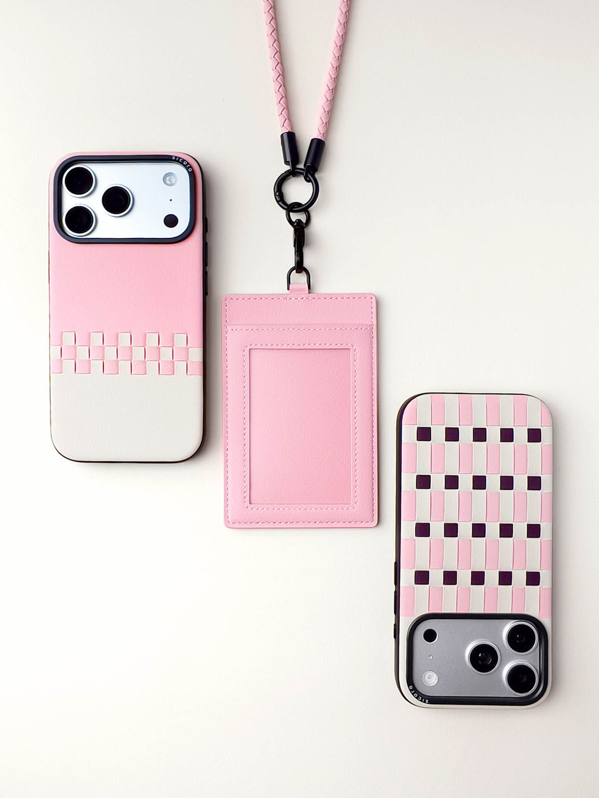 sicora vegan leather ID badge holder lanyard set in pink, with matching sicora vegan leather iPhone 18 / 17 pro cases, crossover case and pixel case