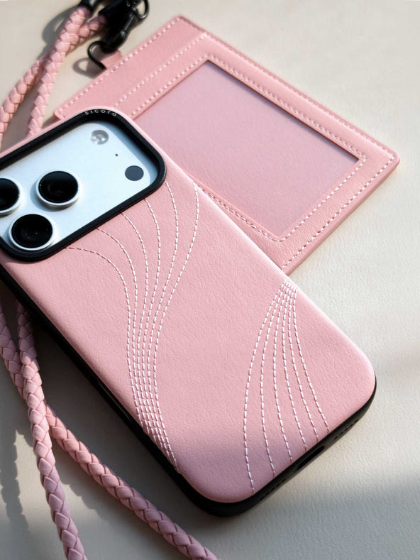 sicora vegan leather iPhone 18  / 17 pro case with matching ID badge holder lanyard set in pink