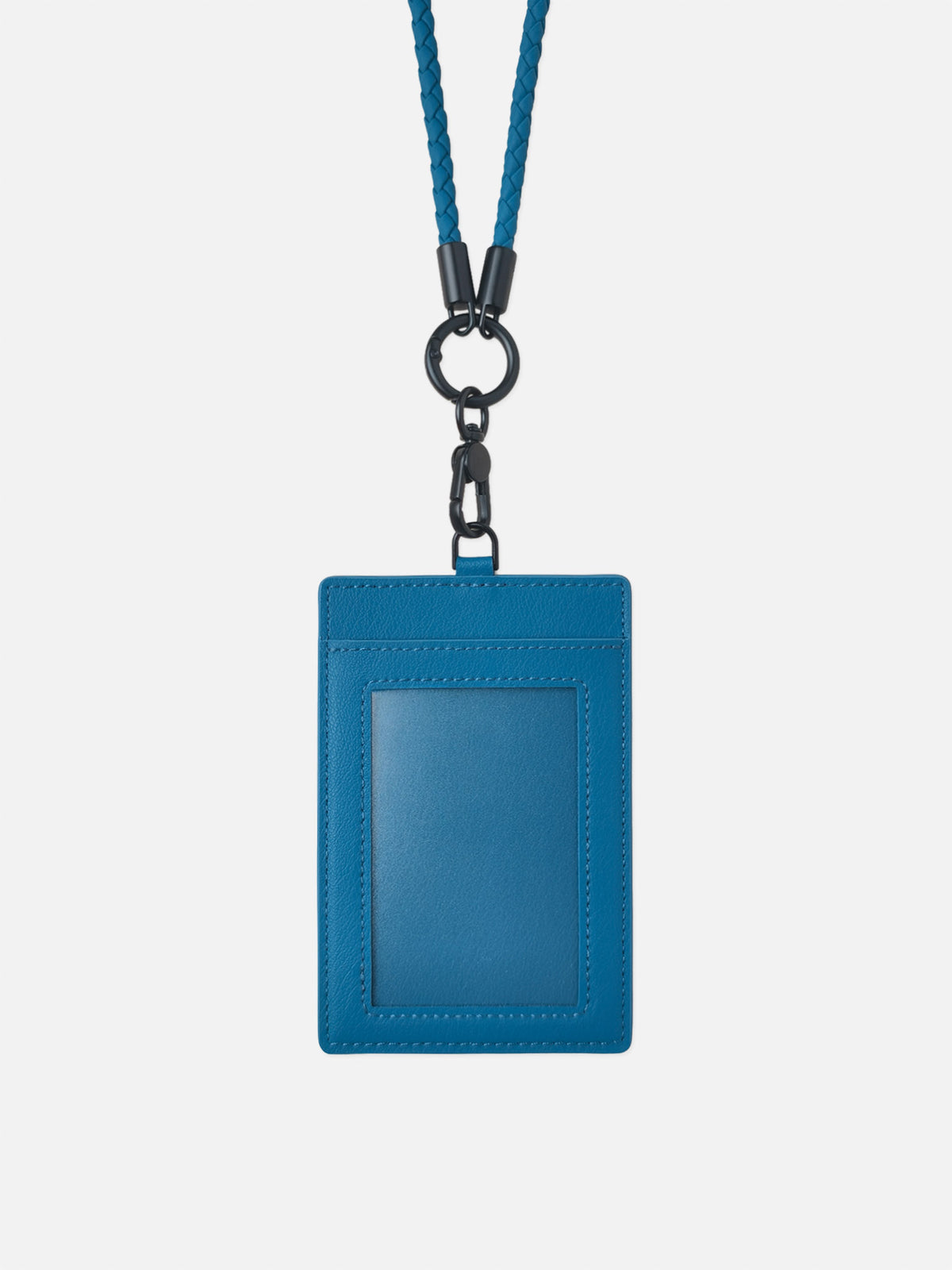 sicora vegan leather ID badge holder lanyard set in sea blue, front view