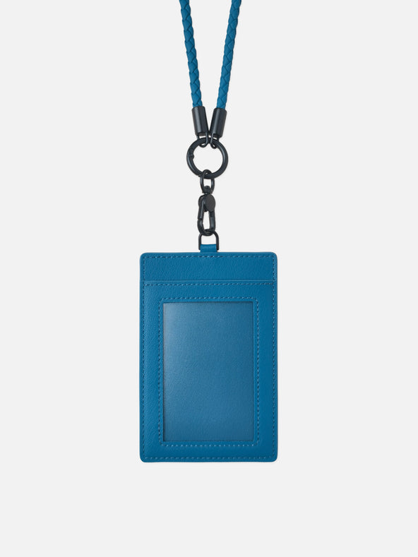 sicora vegan leather ID badge holder lanyard set in sea blue, front view