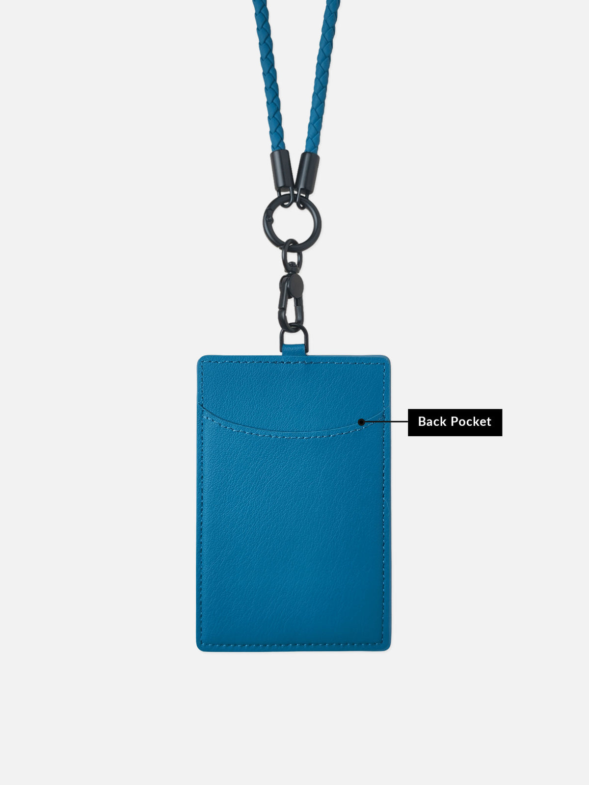 sicora vegan leather ID badge holder lanyard set in sea blue, back view