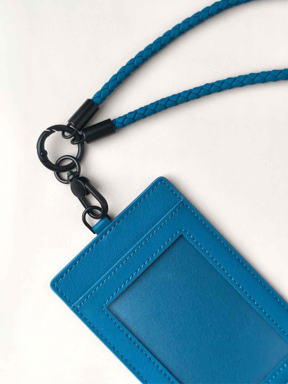sicora vegan leather ID badge holder lanyard set in sea blue, close-up view