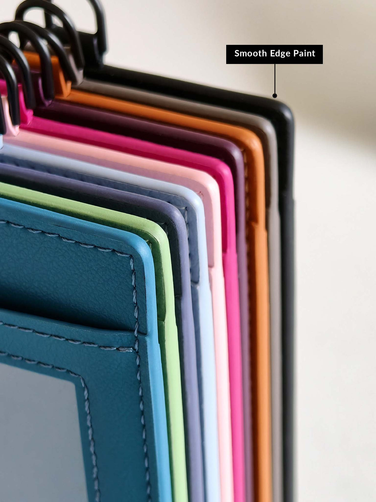 Close-up of sicora vegan leather ID badge holder collection in multiple colors