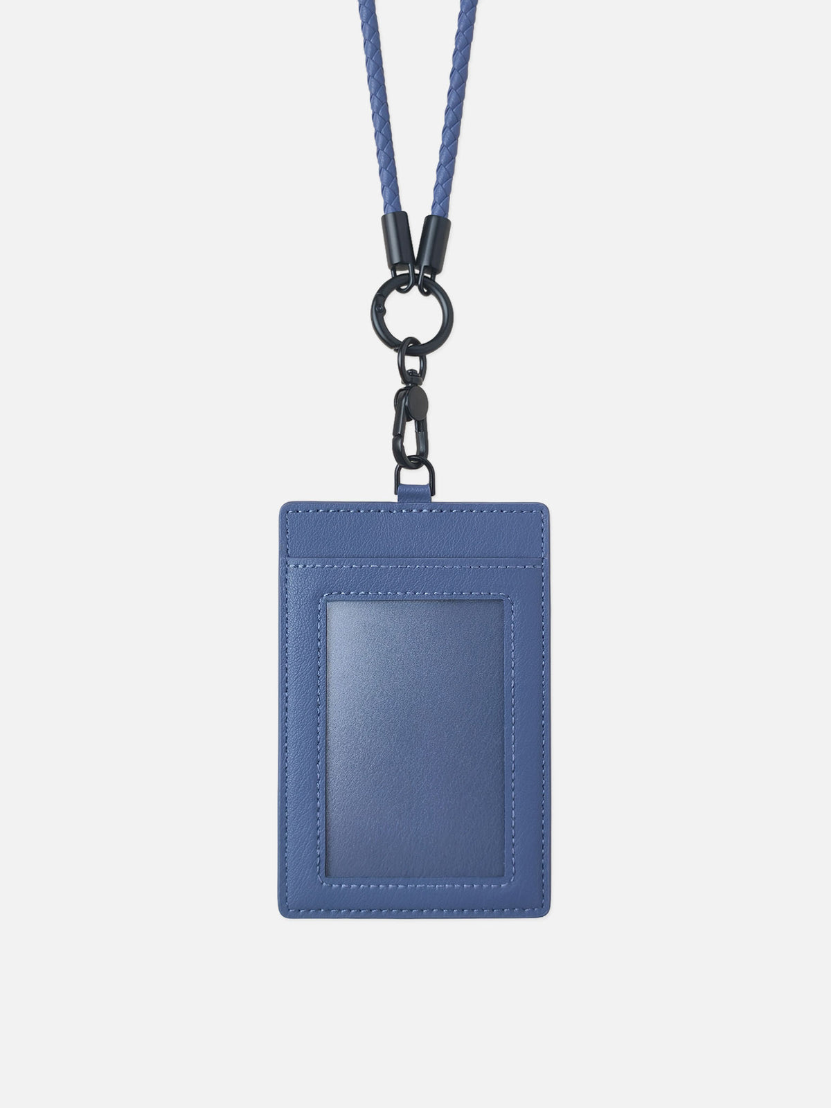 sicora vegan leather ID badge holder lanyard set in shadow blue, front view