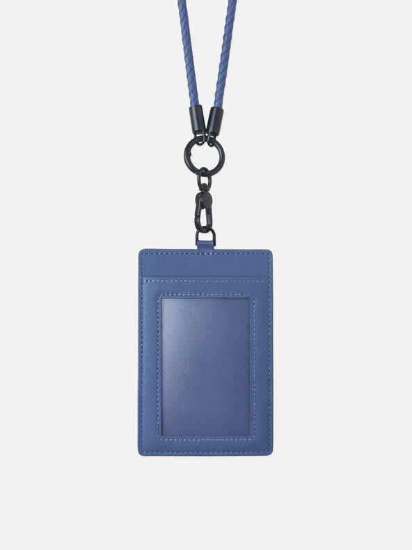 sicora vegan leather ID badge holder lanyard set in shadow blue, front view