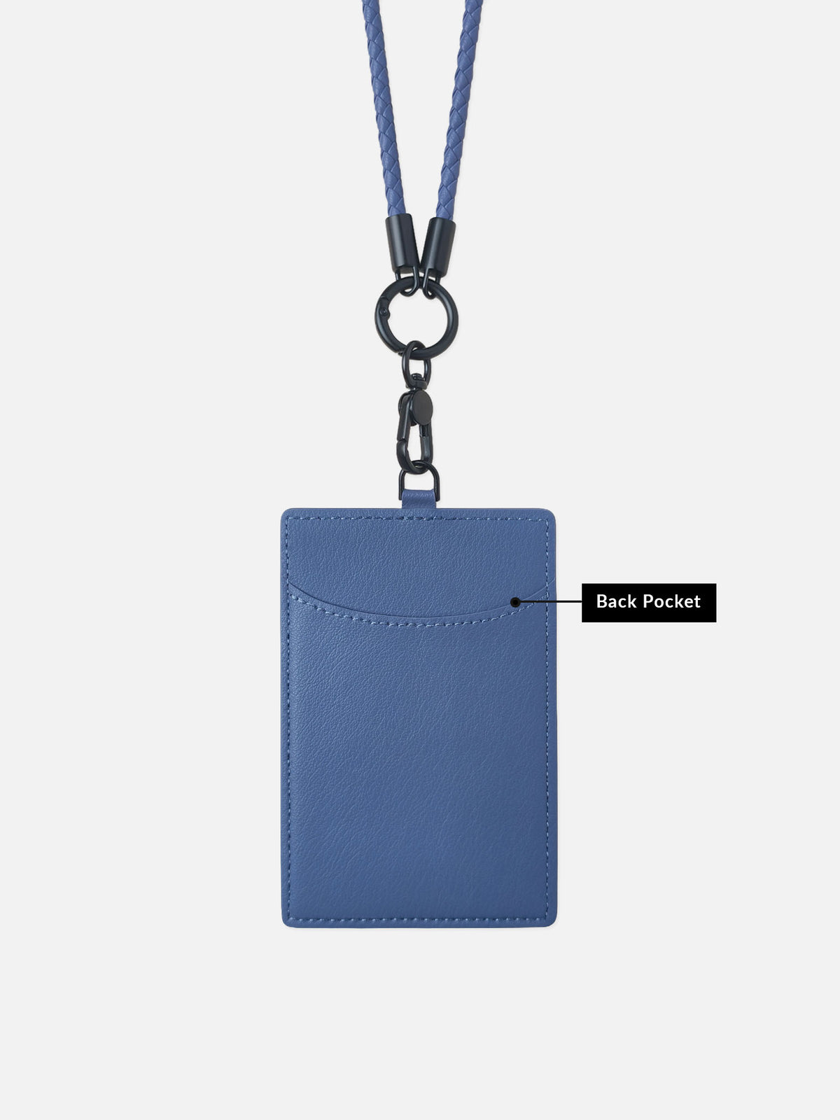 sicora vegan leather ID badge holder lanyard set in shadow blue, back view