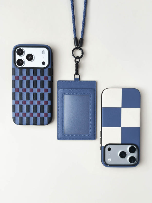sicora vegan leather ID badge holder lanyard set in shadow blue, with matching sicora iPhone 18 / 17 pro phone cases