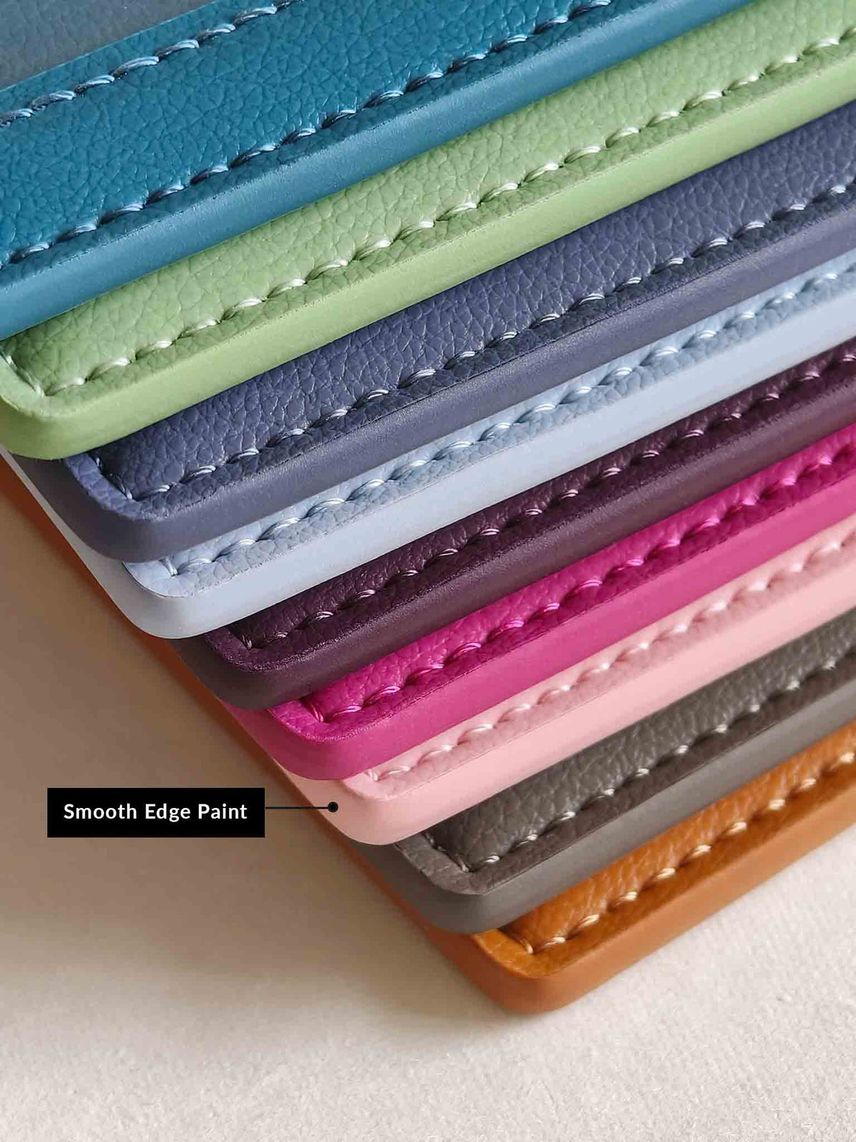 Close-up of sicora vegan leather ID badge holder collection in multiple color ways