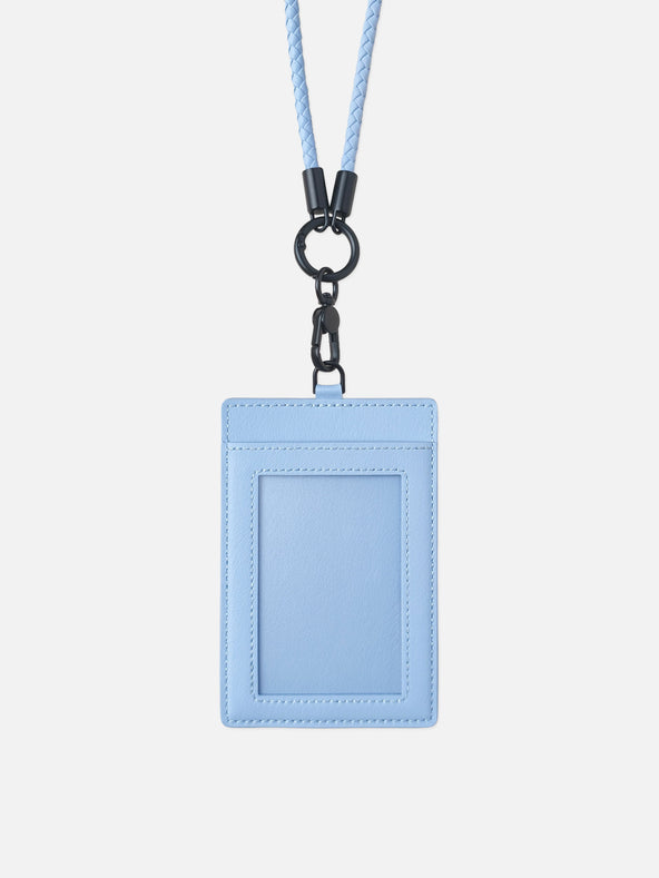 sicora vegan leather ID badge holder lanyard set in sky blue, front view