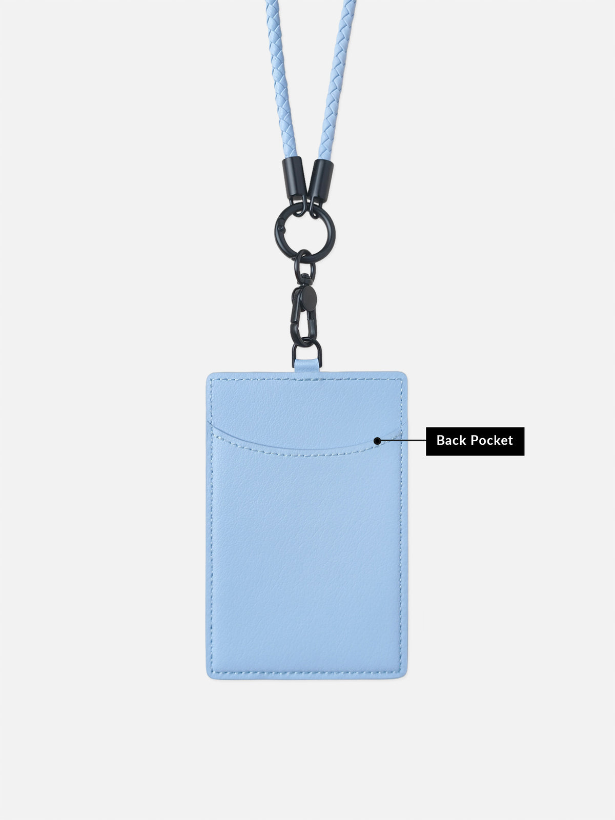sicora vegan leather ID badge holder lanyard set in sky blue, back view