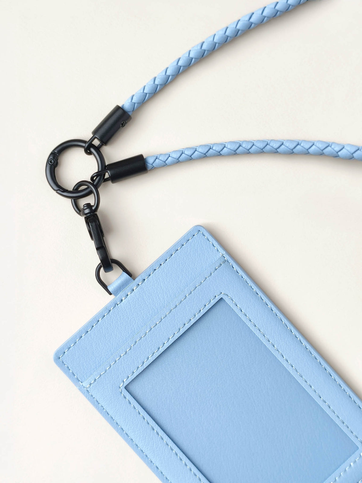 sicora vegan leather ID badge holder lanyard set in sky blue,  close-up view