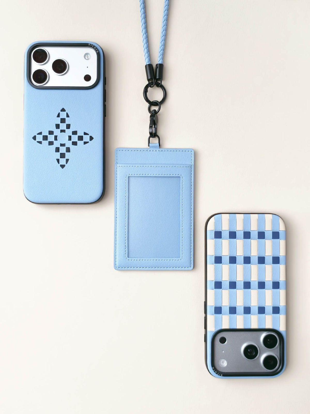 sicora vegan leather ID badge holder lanyard set in sky blue, with matching sicora vegan leather iPhone 18 / 17 pro cases, bloom case and pixel case