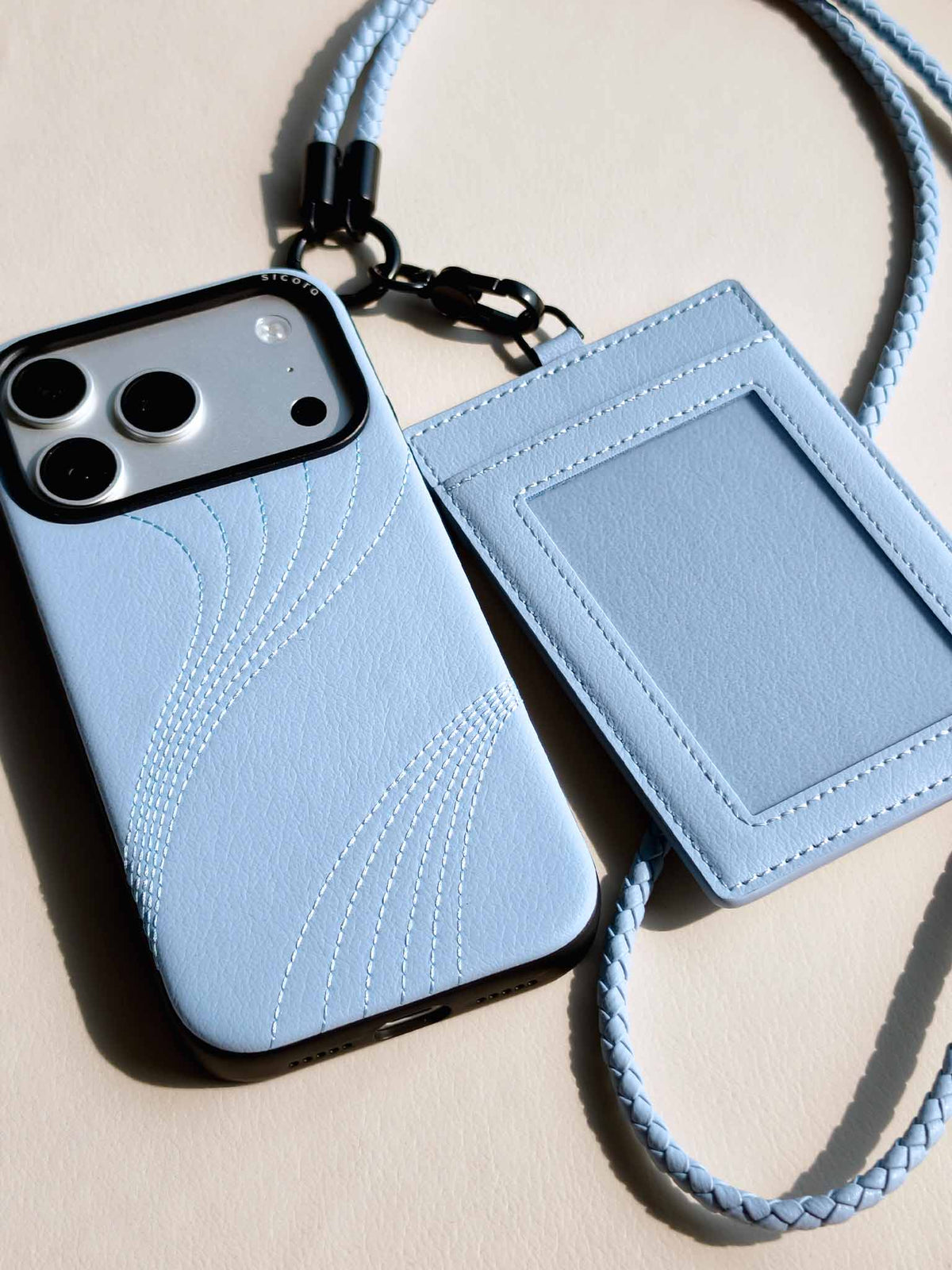 sicora vegan leather iPhone 18 / 17 pro case, flow case with matching ID badge holder lanyard set in sky blue