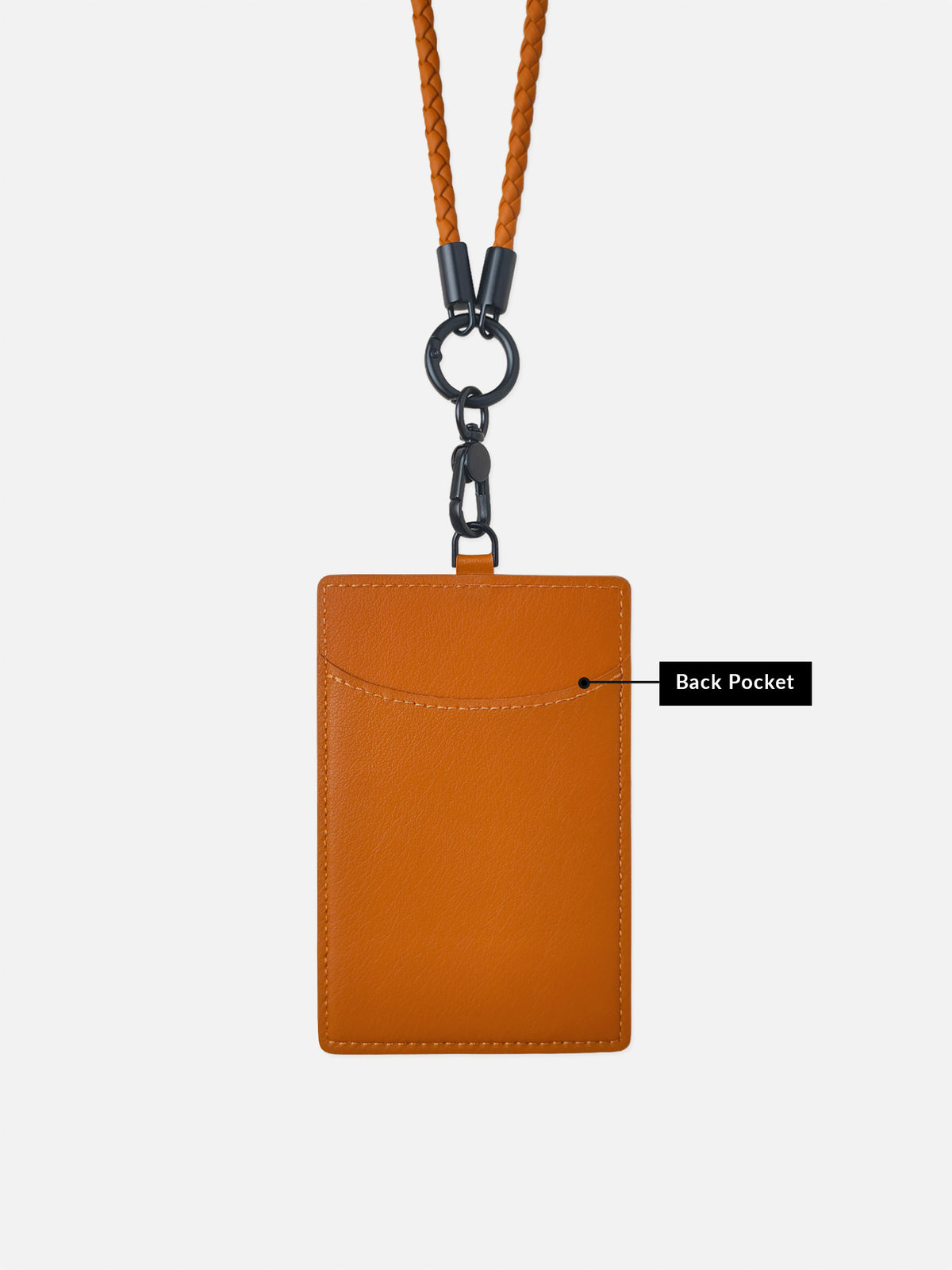 sicora vegan leather ID badge holder lanyard set in toffee gold brown, back view