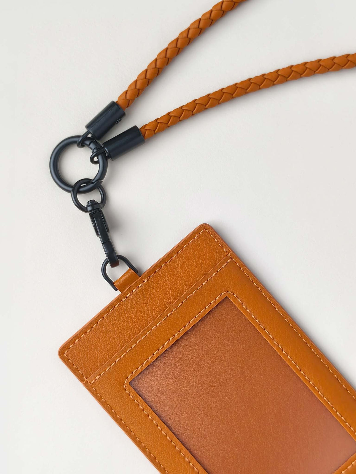 sicora vegan leather ID badge holder lanyard set in toffee gold brown, close-up view