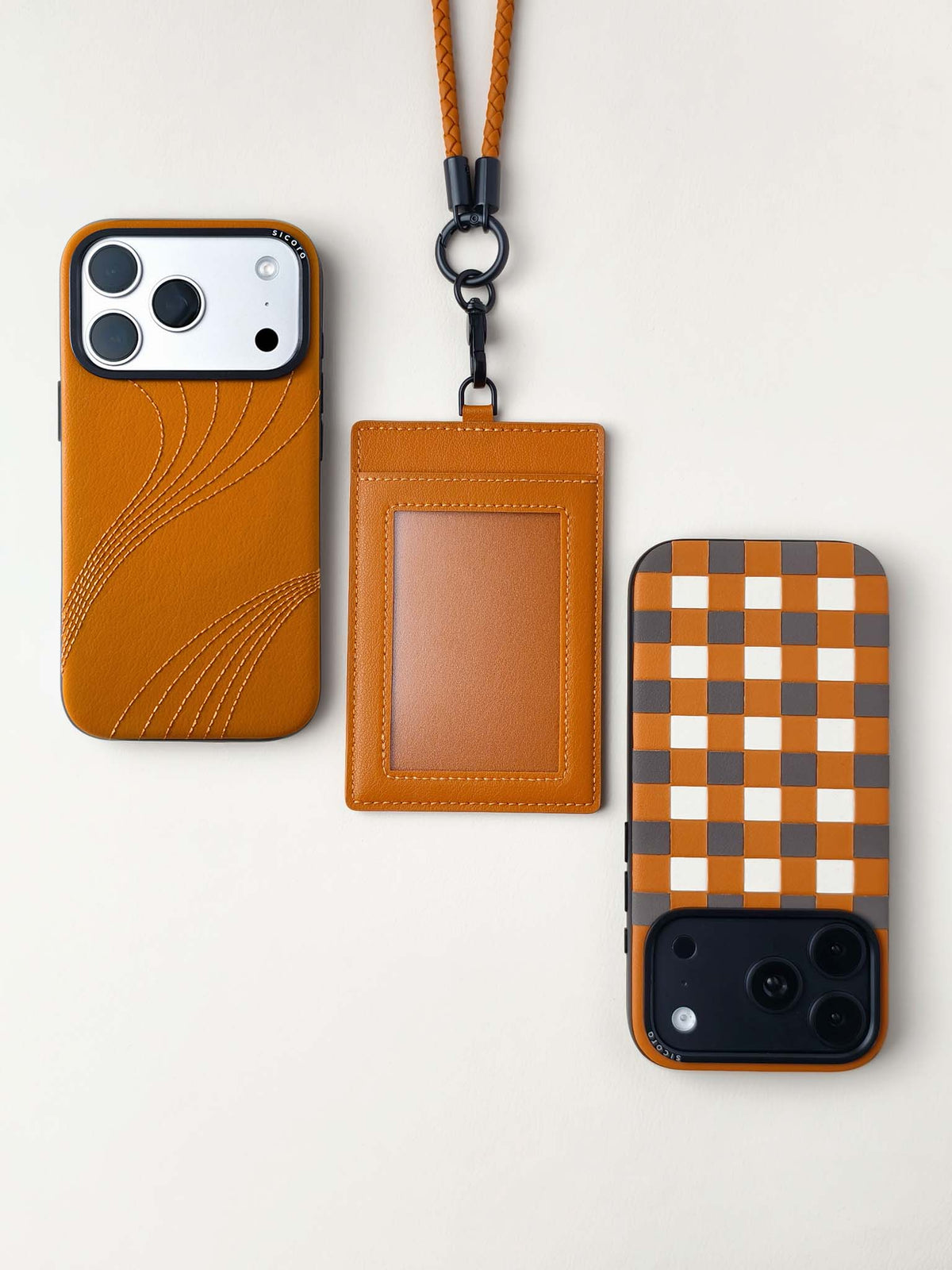sicora vegan leather ID badge holder lanyard set in toffee gold brown, with matching sicora vegan leather iPhone 18 / 17 pro cases, flow case and checkerboard case