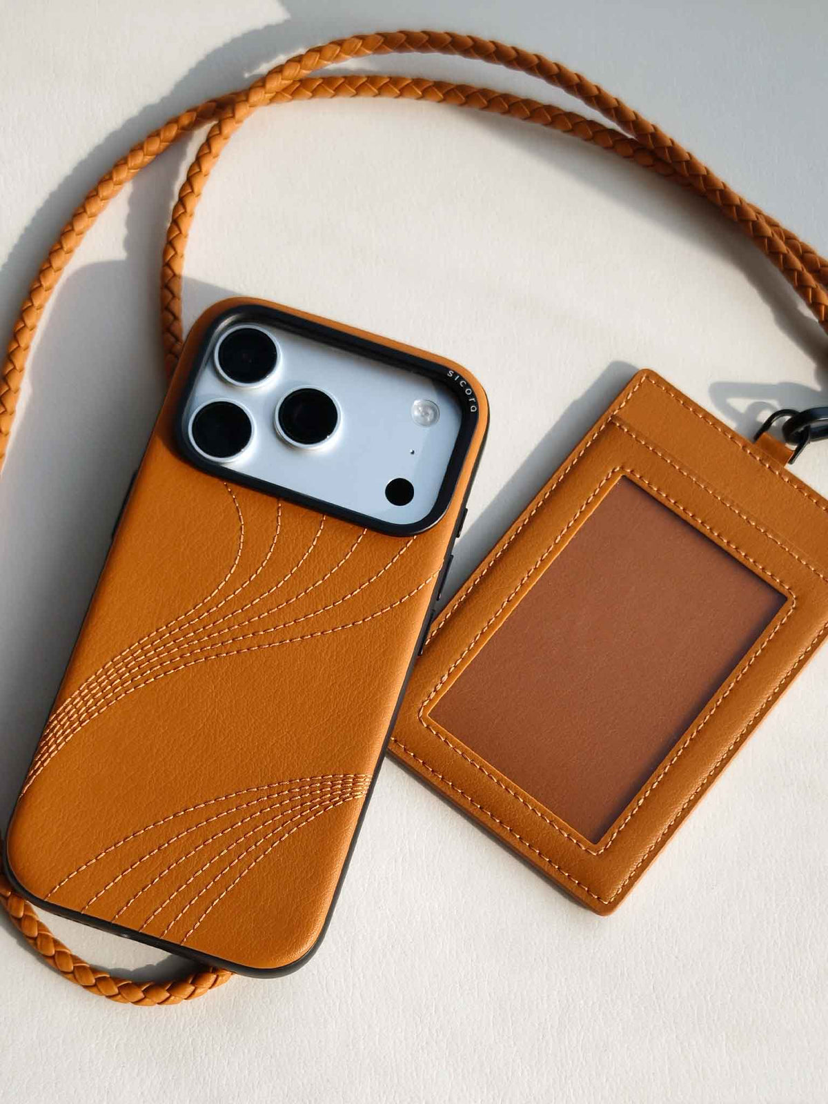 sicora vegan leather iPhone 18 / 17 pro case, flow case with matching ID badge holder lanyard set in toffee gold brown